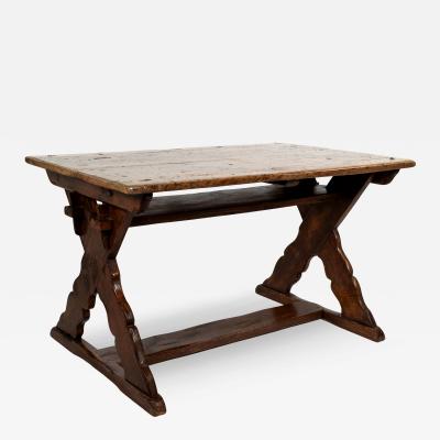 Rustic Swedish Painted Pine Fruitwood X Frame Trestle Table Circa 1820