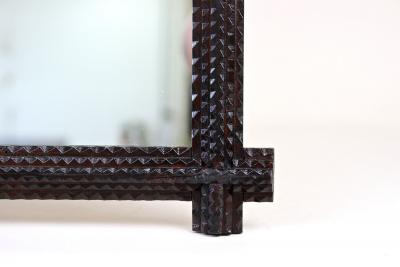 Rustic Tramp Art Wall Mirror Notch Cut Design Handcarved Austria ca 1880