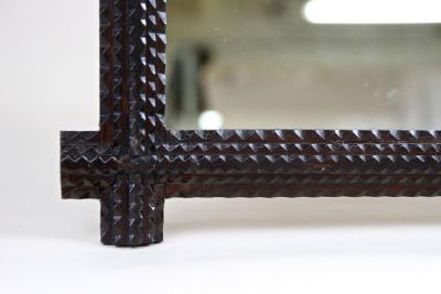 Rustic Tramp Art Wall Mirror Notch Cut Design Handcarved Austria ca 1880