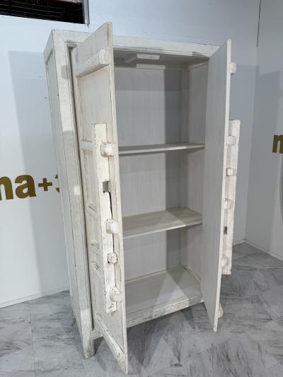 Rustic Whitewashed Wooden Armoire with Geometric Relief Doors