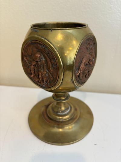 Rustic brass container with 4 copper medalions