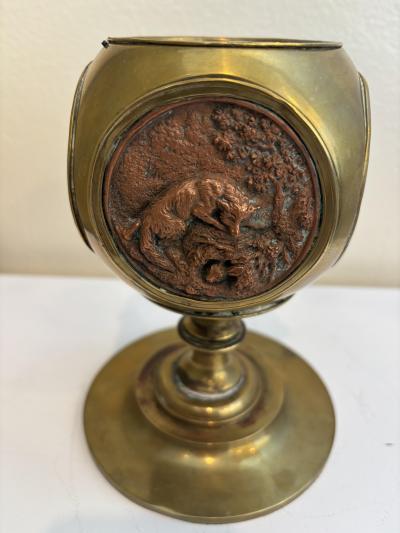 Rustic brass container with 4 copper medalions