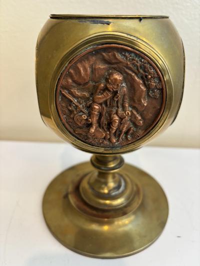 Rustic brass container with 4 copper medalions