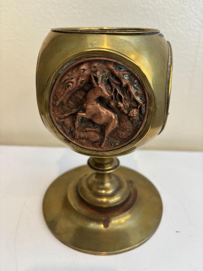 Rustic brass container with 4 copper medalions
