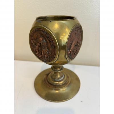 Rustic brass container with 4 copper medalions