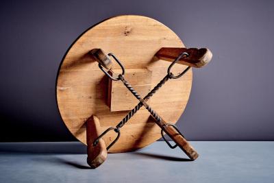 Rustic solid oak table with wrought iron details 