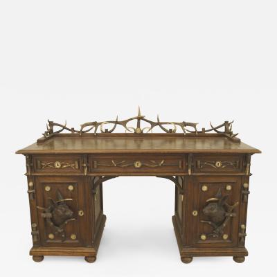 Rustic style Continental German Antler and Oak Kneehole Desk