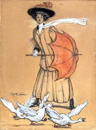 Ruth Eastman High Fashion Elegant Woman with Parasol Umbrella with Geese