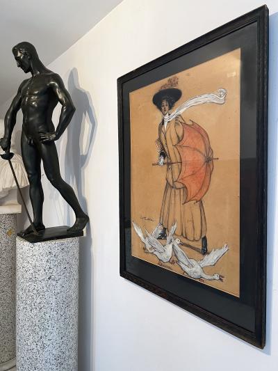 Ruth Eastman High Fashion Elegant Woman with Parasol Umbrella with Geese