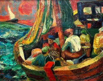Ruth M Fulton 1950s Ruth M Fulton WPA Abstract Impressionist Painting of Sailors on a Boat