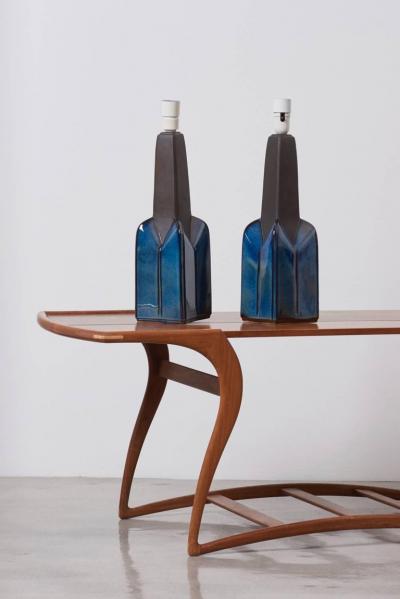S holm Stent j Pair of Large Blue and Grey Ceramic Table Lamps by Soholm Denmark 1960s