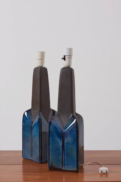 S holm Stent j Pair of Large Blue and Grey Ceramic Table Lamps by Soholm Denmark 1960s