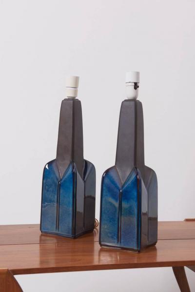 S holm Stent j Pair of Large Blue and Grey Ceramic Table Lamps by Soholm Denmark 1960s