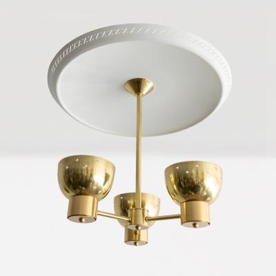 SCANDINAVIAN MODERN 3 BRASS SHADE CHANDELIER WITH LARGE REFLECTOR 
