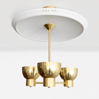 SCANDINAVIAN MODERN 3 BRASS SHADE CHANDELIER WITH LARGE REFLECTOR 