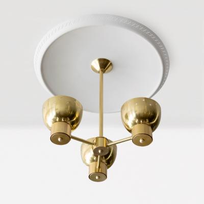 SCANDINAVIAN MODERN 3 BRASS SHADE CHANDELIER WITH LARGE REFLECTOR 