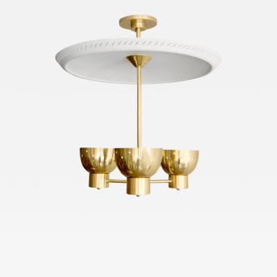 SCANDINAVIAN MODERN 3 BRASS SHADE CHANDELIER WITH LARGE REFLECTOR 