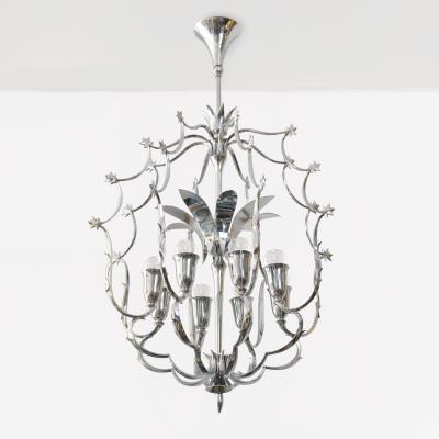 SCANDINAVIAN MODERN 8 LIGHT CHANDELIER IN CHROMED BRASS 1940