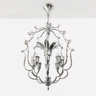 SCANDINAVIAN MODERN 8 LIGHT CHANDELIER IN CHROMED BRASS 1940
