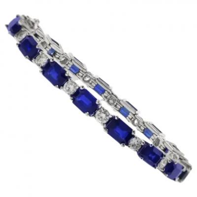 SES Creations Emerald Cut Sapphire and Diamond Tennis Bracelet in Platinum