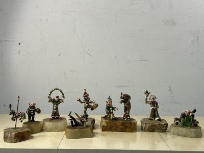 SET OF 26 HIGHLY DETAILED ENAMELED METAL ON ONYX BASES CLOWNS IN ACTIVITY