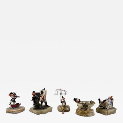SET OF 26 HIGHLY DETAILED ENAMELED METAL ON ONYX BASES CLOWNS IN ACTIVITY