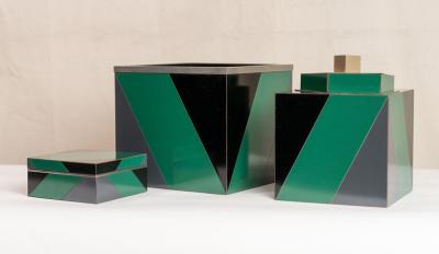 SET OF 3 POLYCHROME AND LAMINATED AN POLISHED NICKEL ART DECO STYLE BOXES