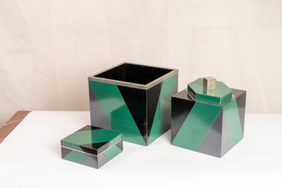 SET OF 3 POLYCHROME AND LAMINATED AN POLISHED NICKEL ART DECO STYLE BOXES
