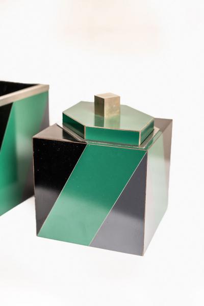 SET OF 3 POLYCHROME AND LAMINATED AN POLISHED NICKEL ART DECO STYLE BOXES