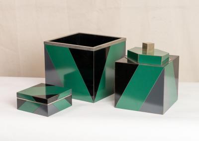 SET OF 3 POLYCHROME AND LAMINATED AN POLISHED NICKEL ART DECO STYLE BOXES