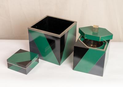 SET OF 3 POLYCHROME AND LAMINATED AN POLISHED NICKEL ART DECO STYLE BOXES