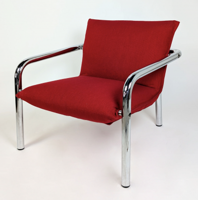 SET OF 4 ITALIAN ARMCHAIRS IN CHROME PLATED METAL AND RED FABRIC 1970 