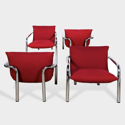 SET OF 4 ITALIAN ARMCHAIRS IN CHROME PLATED METAL AND RED FABRIC 1970 