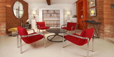 SET OF 4 ITALIAN ARMCHAIRS IN CHROME PLATED METAL AND RED FABRIC 1970 