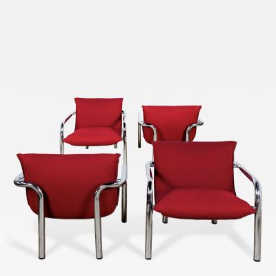 SET OF 4 ITALIAN ARMCHAIRS IN CHROME PLATED METAL AND RED FABRIC 1970 