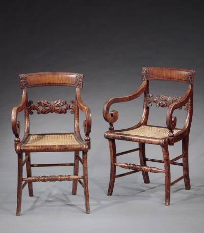 SET OF EIGHT FIGURED MAPLE ARMCHAIRS