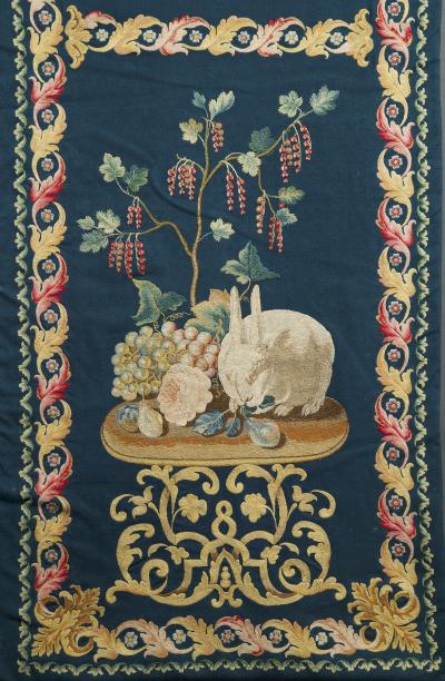 SET OF EIGHT NEEDLEPAINTED CREWELWORK HANGINGS DEPICTING ANIMALS STILL LIFES