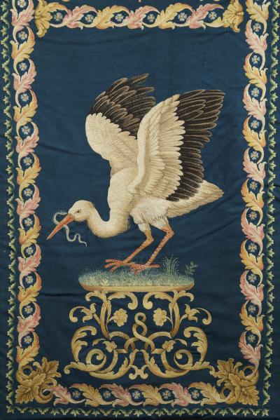 SET OF EIGHT NEEDLEPAINTED CREWELWORK HANGINGS DEPICTING ANIMALS STILL LIFES