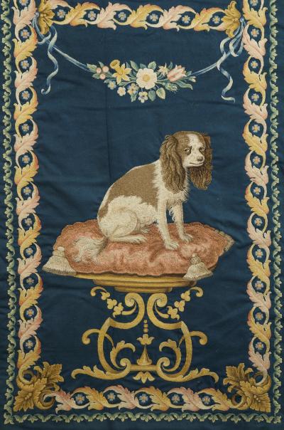 SET OF EIGHT NEEDLEPAINTED CREWELWORK HANGINGS DEPICTING ANIMALS STILL LIFES