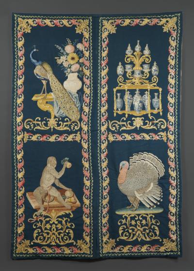 SET OF EIGHT NEEDLEPAINTED CREWELWORK HANGINGS DEPICTING ANIMALS STILL LIFES