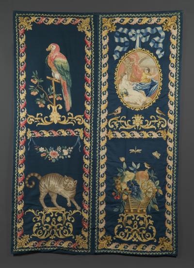 SET OF EIGHT NEEDLEPAINTED CREWELWORK HANGINGS DEPICTING ANIMALS STILL LIFES