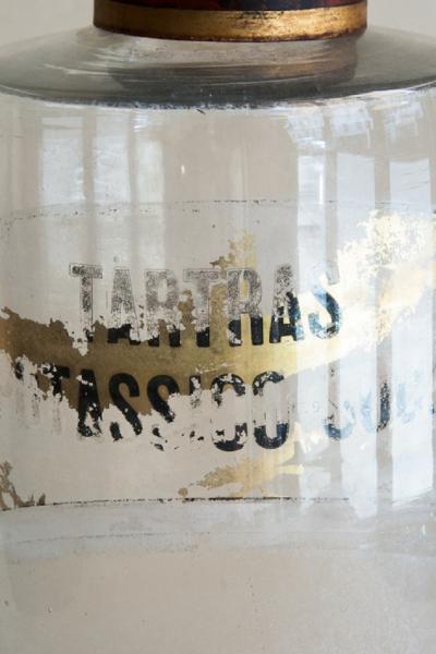 SET OF FOUR HAND BLOWN GLASS APOTHECARY BOTTLES WITH GILT AND RED TOPS