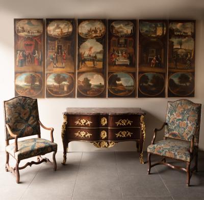 SET OF SIX EUROPEAN PANELS DEPICTING SCENES FROM THE COMMEDIA DELLARTE