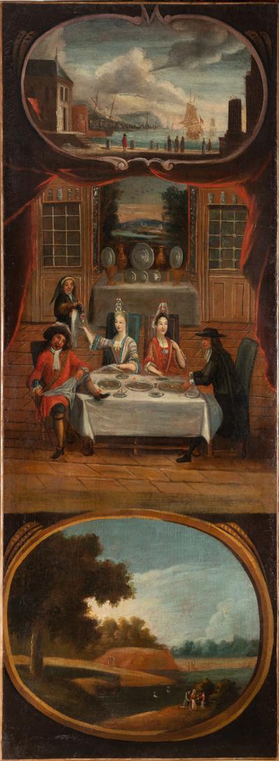 SET OF SIX EUROPEAN PANELS DEPICTING SCENES FROM THE COMMEDIA DELLARTE