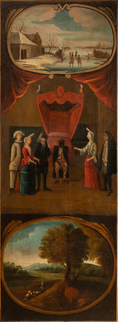 SET OF SIX EUROPEAN PANELS DEPICTING SCENES FROM THE COMMEDIA DELLARTE