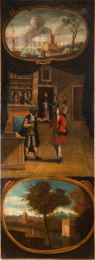 SET OF SIX EUROPEAN PANELS DEPICTING SCENES FROM THE COMMEDIA DELLARTE