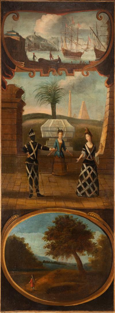 SET OF SIX EUROPEAN PANELS DEPICTING SCENES FROM THE COMMEDIA DELLARTE