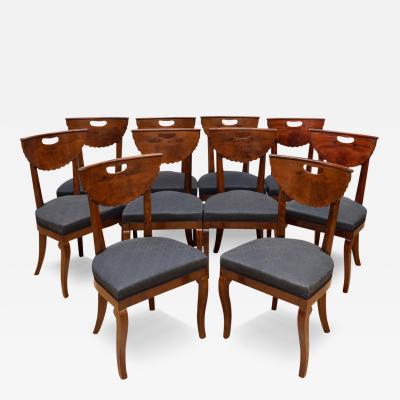 SET OF TEN MAHOGANY AND MAHOGANY BURR VENEER DINING CHAIRS