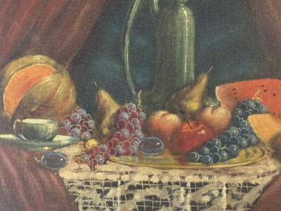 SIGNED 1940S STILL LIFE WITH FRUIT CANTALOPE THEOREM PAINTING