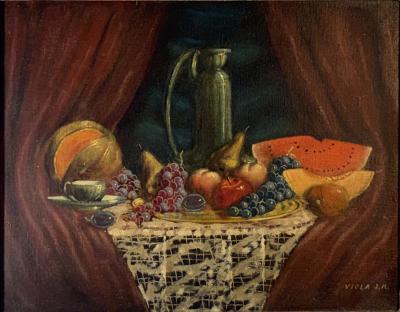 SIGNED 1940S STILL LIFE WITH FRUIT CANTALOPE THEOREM PAINTING